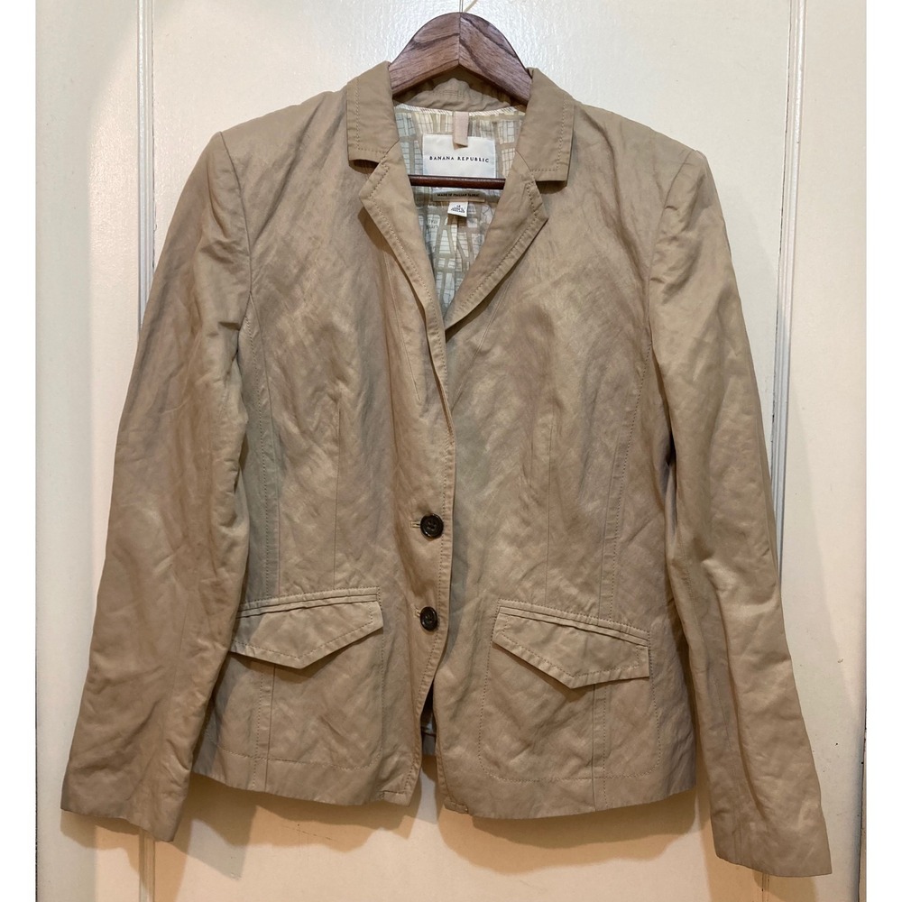 Banana Republic Blazer Women 14 Tan Italian Fabric Map Print Lined Office Career